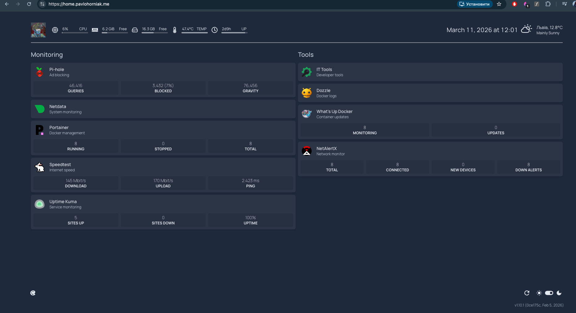 Homepage dashboard showing all services, system stats, and real-time widgets at home.pavlohorniak.me
