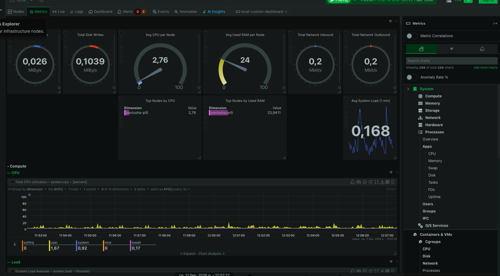 Netdata real-time monitoring dashboard with CPU, memory, disk, and network metrics
