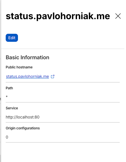 Cloudflare Tunnel configuration with status.pavlohorniak.me route
