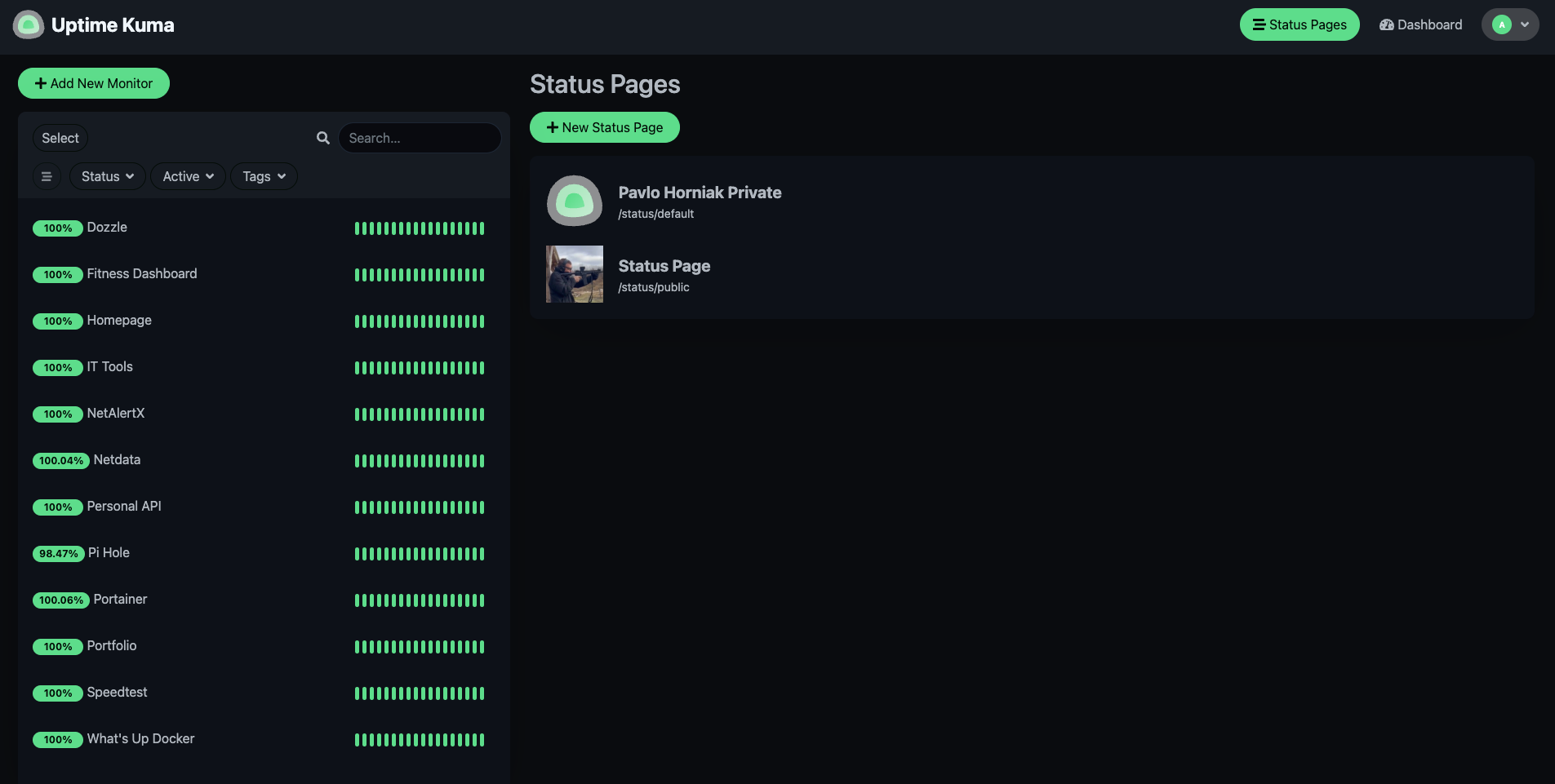 Uptime Kuma private dashboard showing all monitored services
